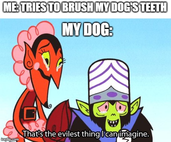 So True | ME: TRIES TO BRUSH MY DOG'S TEETH; MY DOG: | image tagged in memes,that's the evilest thing i can imagine | made w/ Imgflip meme maker