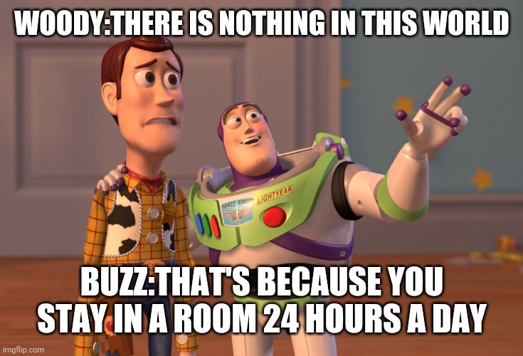 X, X Everywhere | WOODY:THERE IS NOTHING IN THIS WORLD; BUZZ:THAT'S BECAUSE YOU STAY IN A ROOM 24 HOURS A DAY | image tagged in memes,x x everywhere | made w/ Imgflip meme maker