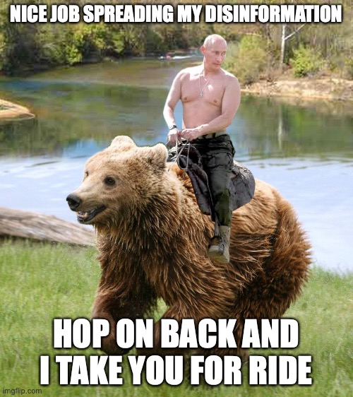 putin shirtless ride bear | NICE JOB SPREADING MY DISINFORMATION HOP ON BACK AND I TAKE YOU FOR RIDE | image tagged in putin shirtless ride bear | made w/ Imgflip meme maker