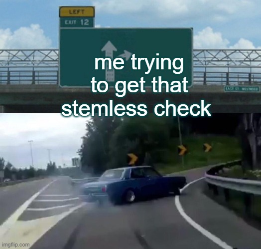 Left Exit 12 Off Ramp Meme | me trying to get that stemless check | image tagged in memes,left exit 12 off ramp | made w/ Imgflip meme maker