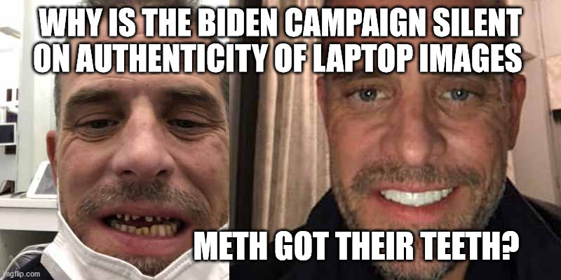 If they are fake, say so. | WHY IS THE BIDEN CAMPAIGN SILENT ON AUTHENTICITY OF LAPTOP IMAGES; METH GOT THEIR TEETH? | image tagged in hunter biden,joe biden,sleepy joe,election 2020,trump 2020 | made w/ Imgflip meme maker