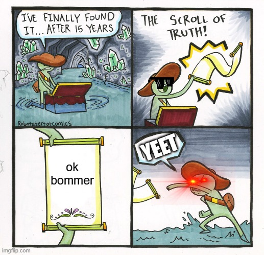 why | YEET; ok bommer | image tagged in memes,the scroll of truth | made w/ Imgflip meme maker