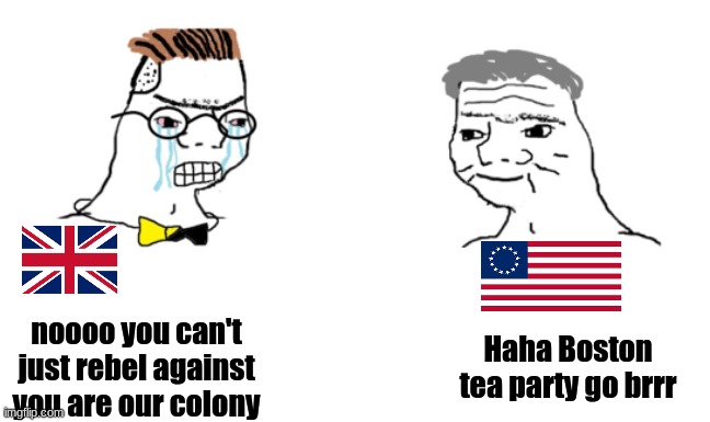 Independence go brrrrrrrrr | noooo you can't just rebel against you are our colony; Haha Boston tea party go brrr | image tagged in noooo you can't just | made w/ Imgflip meme maker