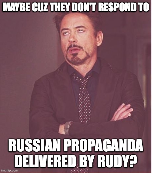 Face You Make Robert Downey Jr Meme | MAYBE CUZ THEY DON'T RESPOND TO RUSSIAN PROPAGANDA DELIVERED BY RUDY? | image tagged in memes,face you make robert downey jr | made w/ Imgflip meme maker