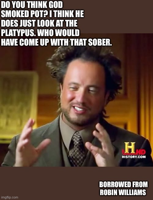 God | DO YOU THINK GOD SMOKED POT? I THINK HE DOES JUST LOOK AT THE PLATYPUS. WHO WOULD HAVE COME UP WITH THAT SOBER. BORROWED FROM ROBIN WILLIAMS | image tagged in memes,ancient aliens | made w/ Imgflip meme maker