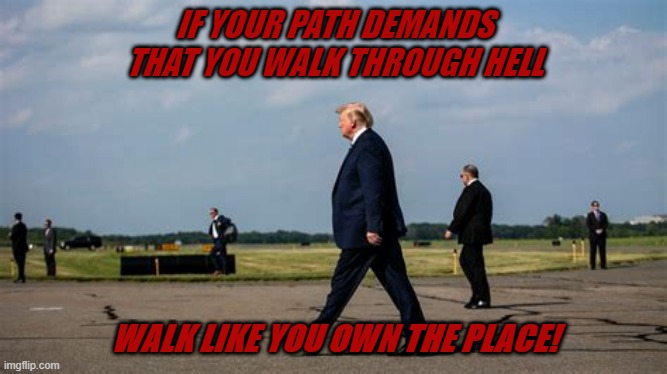 IF YOUR PATH DEMANDS THAT YOU WALK THROUGH HELL; WALK LIKE YOU OWN THE PLACE! | made w/ Imgflip meme maker