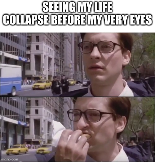 Peter parker eating a hot dog | SEEING MY LIFE COLLAPSE BEFORE MY VERY EYES | image tagged in peter parker eating a hot dog | made w/ Imgflip meme maker