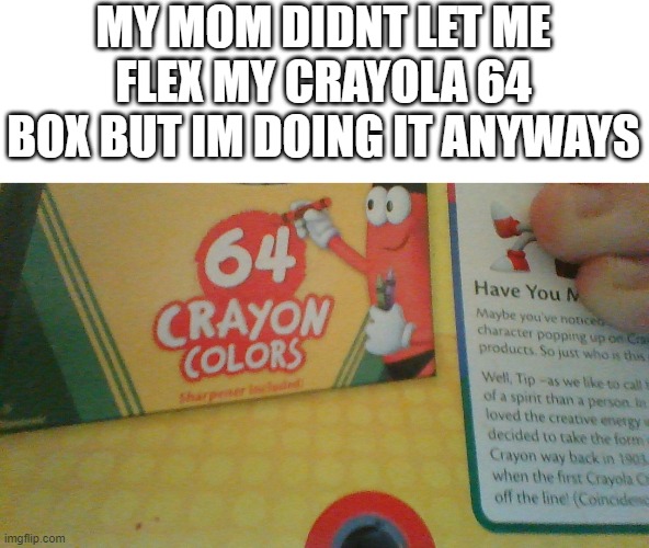 MY MOM DIDNT LET ME FLEX MY CRAYOLA 64 BOX BUT IM DOING IT ANYWAYS | image tagged in memes | made w/ Imgflip meme maker