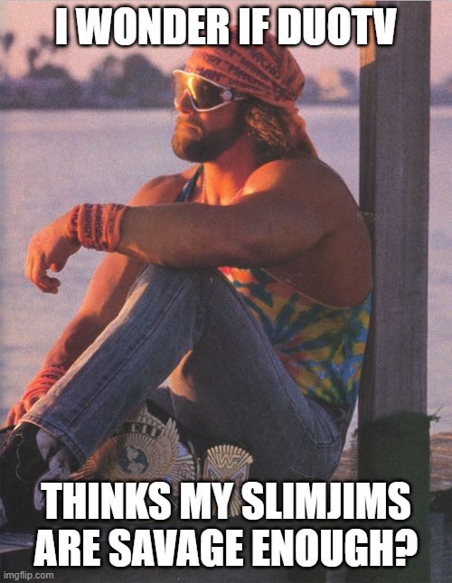 Randy Savage | I WONDER IF DUOTV; THINKS MY SLIMJIMS ARE SAVAGE ENOUGH? | image tagged in randy savage | made w/ Imgflip meme maker