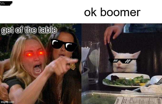 Woman Yelling At Cat | ok boomer; get of the table | image tagged in memes,woman yelling at cat | made w/ Imgflip meme maker