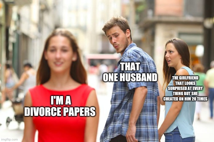That oof thing | THAT ONE HUSBAND; THE GIRLFRIEND THAT LOOKS SURPRISED AT EVERY THING BUT SHE CHEATED ON HIM 20 TIMES; I'M A DIVORCE PAPERS | image tagged in memes,distracted boyfriend | made w/ Imgflip meme maker