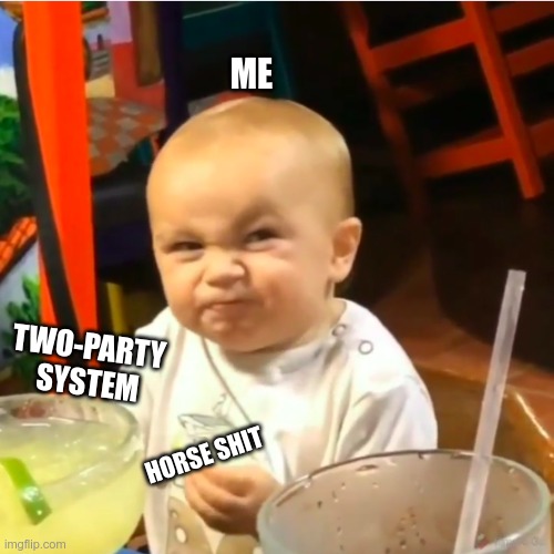 it's a party, baby | ME; TWO-PARTY 
SYSTEM; HORSE SHIT | image tagged in margarita baby | made w/ Imgflip meme maker