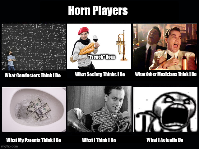 What People Think French Horn |  Horn Players; "French" Horn; What Other Musicians Think I Do; What Society Thinks I Do; What Conductors Think I Do; What My Parents Think I Do; What I Actually Do; What I Think I Do | image tagged in what my friends think i do,goodfellas laugh,calculating meme,money down toilet,what people think i do,music | made w/ Imgflip meme maker