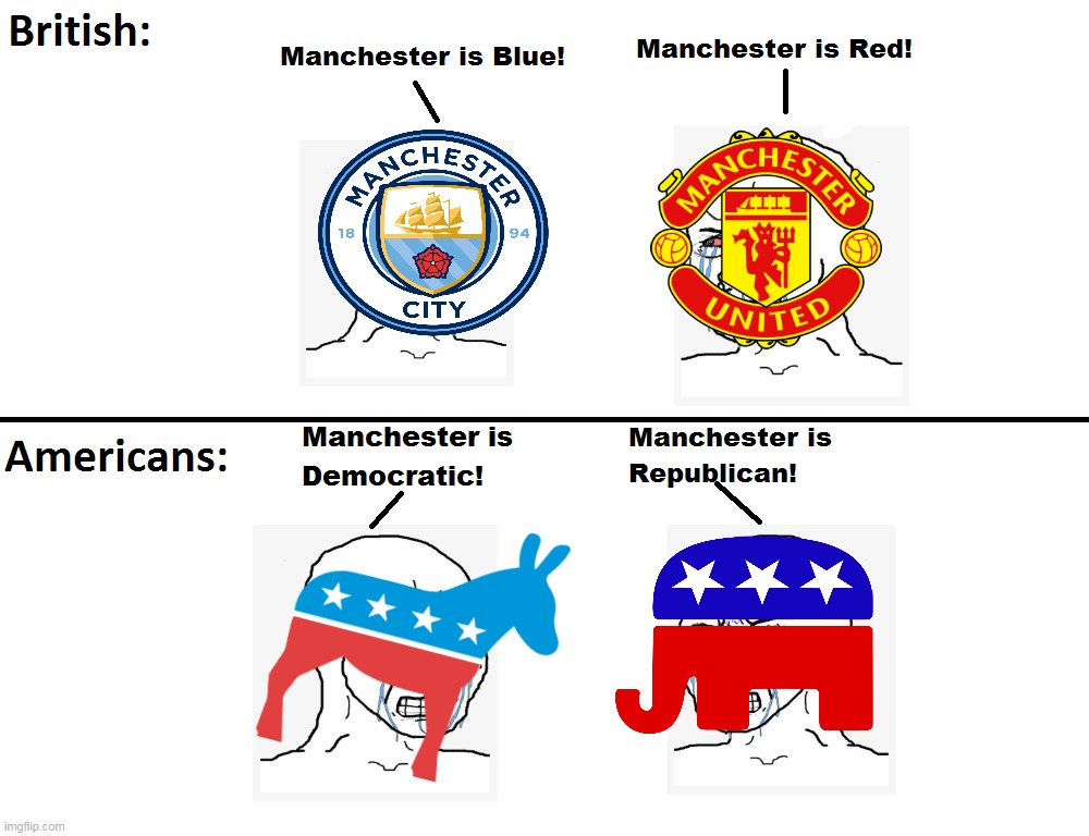 American politicization ruined everything. | image tagged in memes,manchester united,manchester city,democratic party,republican party,politics | made w/ Imgflip meme maker