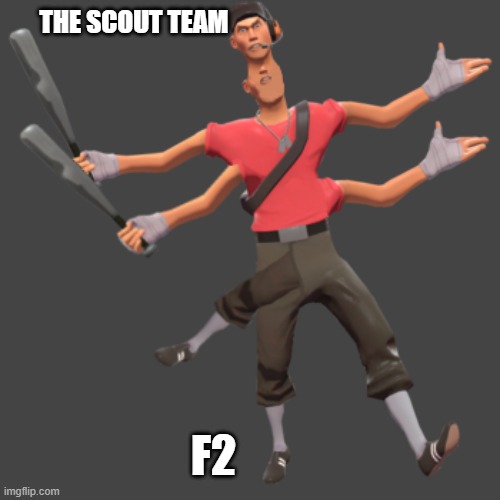 scout tf2 | THE SCOUT TEAM; F2 | image tagged in tf2 | made w/ Imgflip meme maker
