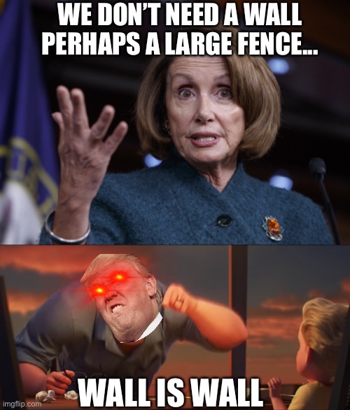 WE DON’T NEED A WALL PERHAPS A LARGE FENCE... WALL IS WALL | image tagged in good old nancy pelosi,math is math,trump,trump wall | made w/ Imgflip meme maker