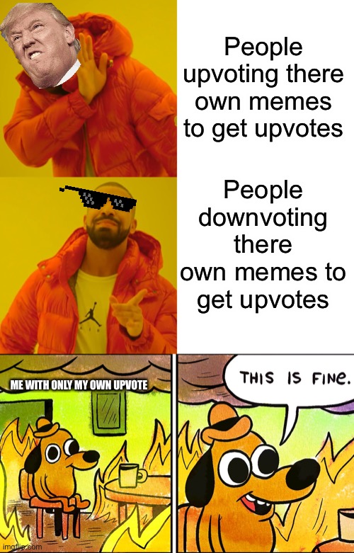People upvoting there own memes to get upvotes; People downvoting there own memes to get upvotes; ME WITH ONLY MY OWN UPVOTE | image tagged in memes,drake hotline bling,FreeKarma4U | made w/ Imgflip meme maker