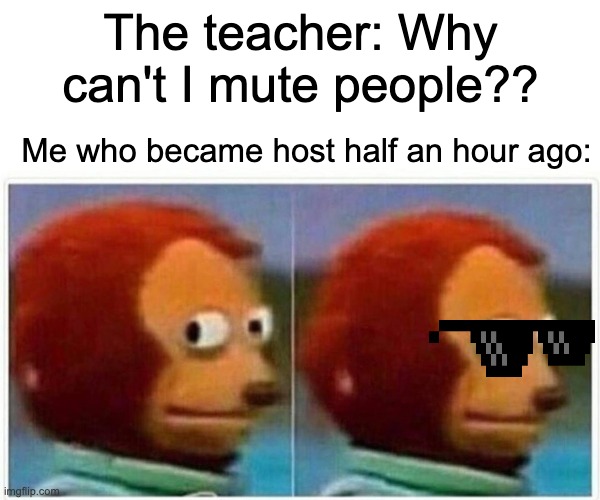 *air horn blows | The teacher: Why can't I mute people?? Me who became host half an hour ago: | image tagged in memes,monkey puppet | made w/ Imgflip meme maker