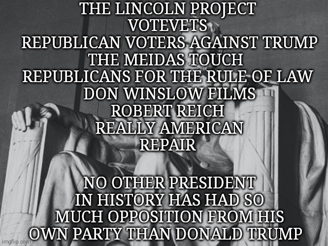 A real republican votes for Joe Biden. Country over party! | THE LINCOLN PROJECT 
VOTEVETS 
REPUBLICAN VOTERS AGAINST TRUMP
THE MEIDAS TOUCH  
REPUBLICANS FOR THE RULE OF LAW 
DON WINSLOW FILMS
ROBERT REICH 
REALLY AMERICAN
REPAIR; NO OTHER PRESIDENT IN HISTORY HAS HAD SO MUCH OPPOSITION FROM HIS OWN PARTY THAN DONALD TRUMP | image tagged in memes,donald trump,evil,sociopath,trump unfit unqualified dangerous,fascist | made w/ Imgflip meme maker