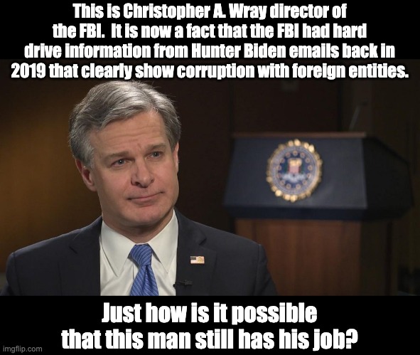 Is he inept, or a big part of the plot to take down a president? | This is Christopher A. Wray director of the FBI.  It is now a fact that the FBI had hard drive information from Hunter Biden emails back in 2019 that clearly show corruption with foreign entities. Just how is it possible that this man still has his job? | image tagged in joe biden | made w/ Imgflip meme maker