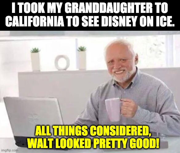 Disney on ice | I TOOK MY GRANDDAUGHTER TO CALIFORNIA TO SEE DISNEY ON ICE. ALL THINGS CONSIDERED, WALT LOOKED PRETTY GOOD! | image tagged in harold | made w/ Imgflip meme maker