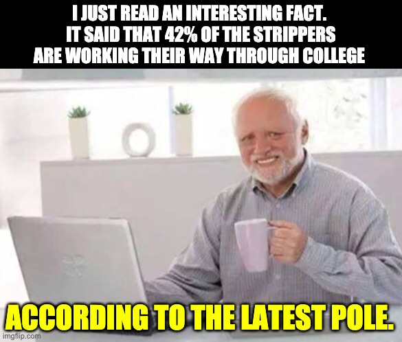 Strippers | I JUST READ AN INTERESTING FACT.  IT SAID THAT 42% OF THE STRIPPERS ARE WORKING THEIR WAY THROUGH COLLEGE; ACCORDING TO THE LATEST POLE. | image tagged in harold | made w/ Imgflip meme maker