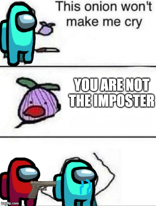 OH SHOOT THE IMPOSTER IS RIGHT BEHIND YO- *bang* Oh Oh oh no..... | YOU ARE NOT THE IMPOSTER | image tagged in this onion wont make me cry | made w/ Imgflip meme maker