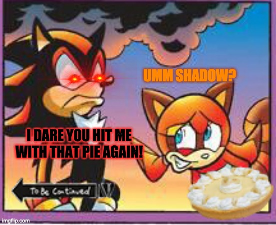 Shadow Got Pie 2 | UMM SHADOW? I DARE YOU HIT ME WITH THAT PIE AGAIN! | image tagged in archie,shadow,marine,pie | made w/ Imgflip meme maker