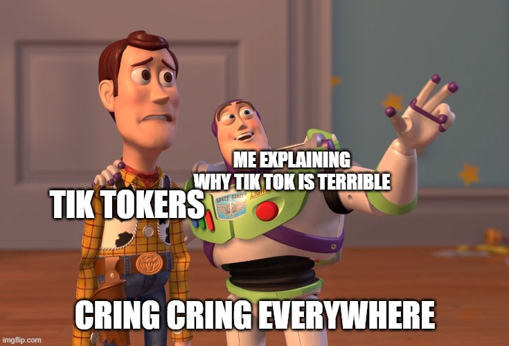 X, X Everywhere | ME EXPLAINING WHY TIK TOK IS TERRIBLE; TIK TOKERS; CRING CRING EVERYWHERE | image tagged in memes,x x everywhere | made w/ Imgflip meme maker