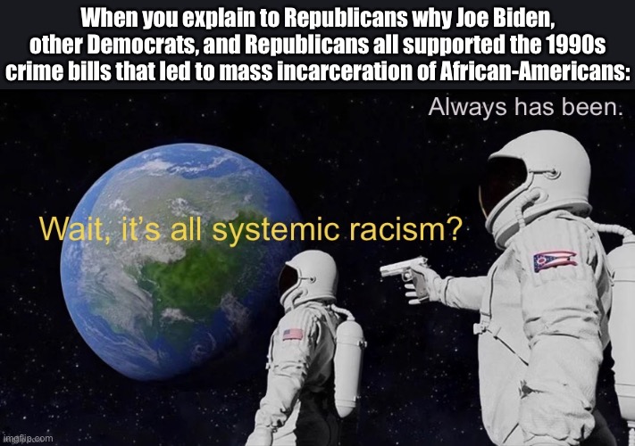 Tl;dr: Get woke, snowflakes | When you explain to Republicans why Joe Biden, other Democrats, and Republicans all supported the 1990s crime bills that led to mass incarceration of African-Americans: | image tagged in racism,racist,1990s,1990's,racists,conservative logic | made w/ Imgflip meme maker