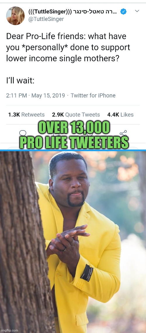 I'm curious to hear from the other side.  How do you personally help individual women in need? I'll wait | OVER 13,000 PRO LIFE TWEETERS | image tagged in anthony adams rubbing hands | made w/ Imgflip meme maker