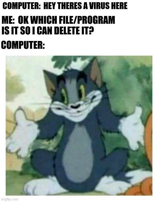 Relatable? | COMPUTER:  HEY THERES A VIRUS HERE; ME:  OK WHICH FILE/PROGRAM IS IT SO I CAN DELETE IT? COMPUTER: | image tagged in idk tom template,relatable,virus,computer | made w/ Imgflip meme maker