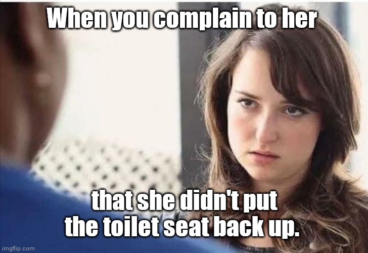 Sorry I got the seat wet. | When you complain to her; that she didn't put the toilet seat back up. | image tagged in shesmadagain,doublestandard,kindoffunny | made w/ Imgflip meme maker