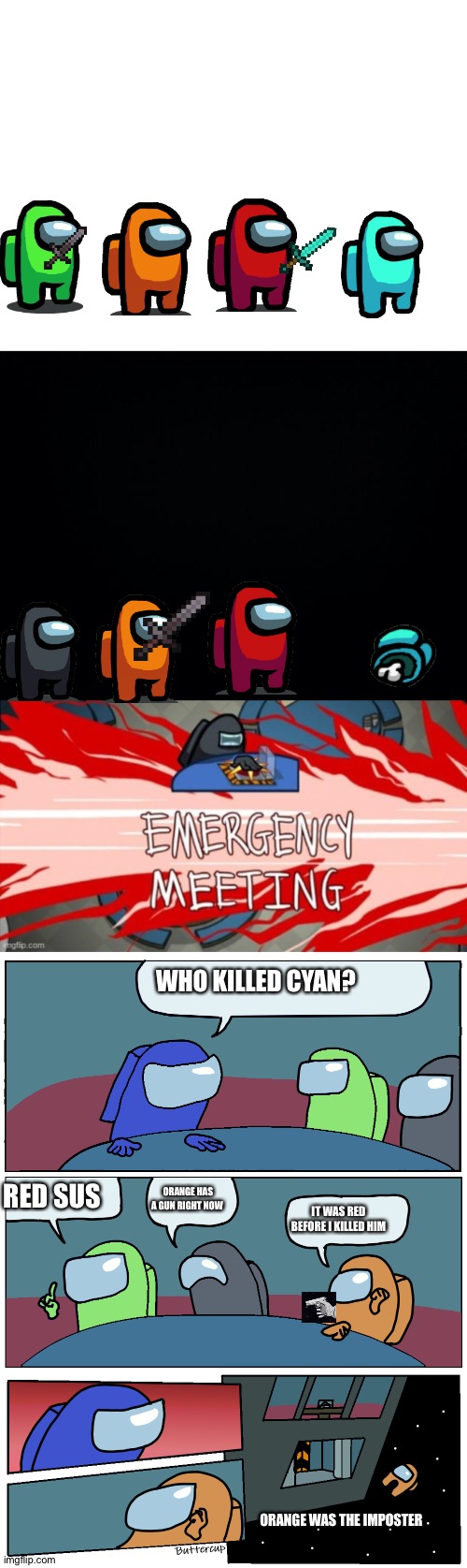 Among us story | WHO KILLED CYAN? RED SUS; ORANGE HAS A GUN RIGHT NOW; IT WAS RED BEFORE I KILLED HIM; ORANGE WAS THE IMPOSTER | image tagged in black background,blank white template,among us meeting,emergency meeting among us black crew mate | made w/ Imgflip meme maker