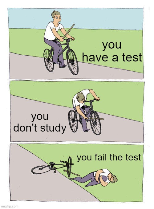 Don't fail the test kids | you have a test; you don't study; you fail the test | image tagged in memes,bike fall,test,school | made w/ Imgflip meme maker