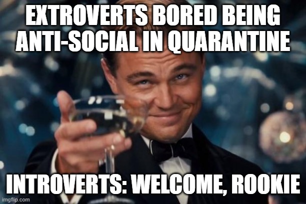 Leonardo Dicaprio Cheers Meme | EXTROVERTS BORED BEING ANTI-SOCIAL IN QUARANTINE; INTROVERTS: WELCOME, ROOKIE | image tagged in memes,leonardo dicaprio cheers | made w/ Imgflip meme maker