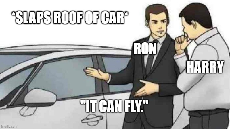 Car Salesman Slaps Roof Of Car | *SLAPS ROOF OF CAR*; RON; HARRY; "IT CAN FLY." | image tagged in memes,car salesman slaps roof of car | made w/ Imgflip meme maker