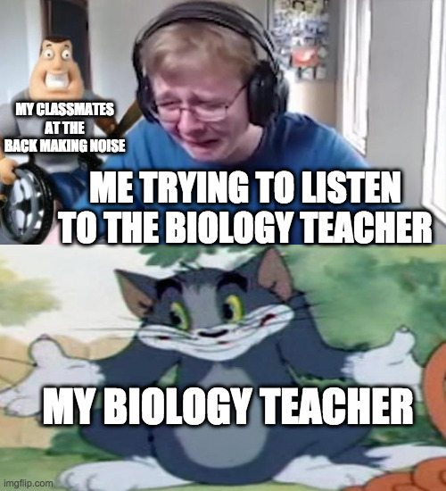 relateable school meme |  MY CLASSMATES AT THE BACK MAKING NOISE; ME TRYING TO LISTEN TO THE BIOLOGY TEACHER; MY BIOLOGY TEACHER | image tagged in callmecarson crying next to joe swanson,tom shrugging,school | made w/ Imgflip meme maker