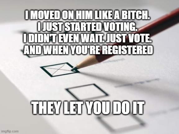Voting Ballot | I MOVED ON HIM LIKE A BITCH. 
I JUST STARTED VOTING. 
I DIDN'T EVEN WAIT. JUST VOTE. 
AND WHEN YOU'RE REGISTERED; THEY LET YOU DO IT | image tagged in voting ballot | made w/ Imgflip meme maker