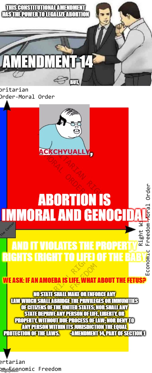 14th Amendment, Checkmate Roe v Wade! | THIS CONSTITUTIONAL AMENDMENT HAS THE POWER TO LEGALIZE ABORTION; AMENDMENT 14; BUT, , ABORTION IS IMMORAL AND GENOCIDAL; AND IT VIOLATES THE PROPERTY RIGHTS (RIGHT TO LIFE) OF THE BABY; WE ASK: IF AN AMOEBA IS LIFE, WHAT ABOUT THE FETUS? NO STATE SHALL MAKE OR ENFORCE ANY LAW WHICH SHALL ABRIDGE THE PRIVILEGES OR IMMUNITIES OF CITIZENS OF THE UNITED STATES; NOR SHALL ANY STATE DEPRIVE ANY PERSON OF LIFE, LIBERTY, OR PROPERTY, WITHOUT DUE PROCESS OF LAW; NOR DENY TO ANY PERSON WITHIN ITS JURISDICTION THE EQUAL PROTECTION OF THE LAWS.           -AMENDMENT 14, PART OF SECTION 1 | image tagged in memes,car salesman slaps roof of car,abortion is murder,pro choice,pro life,genocide | made w/ Imgflip meme maker