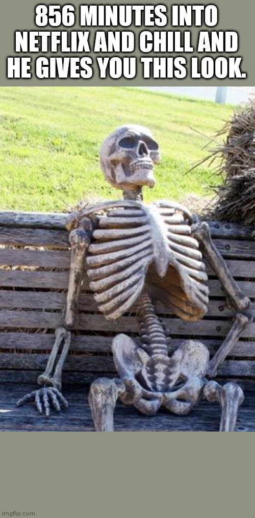 Waiting Skeleton Meme | 856 MINUTES INTO NETFLIX AND CHILL AND HE GIVES YOU THIS LOOK. | image tagged in memes,waiting skeleton | made w/ Imgflip meme maker