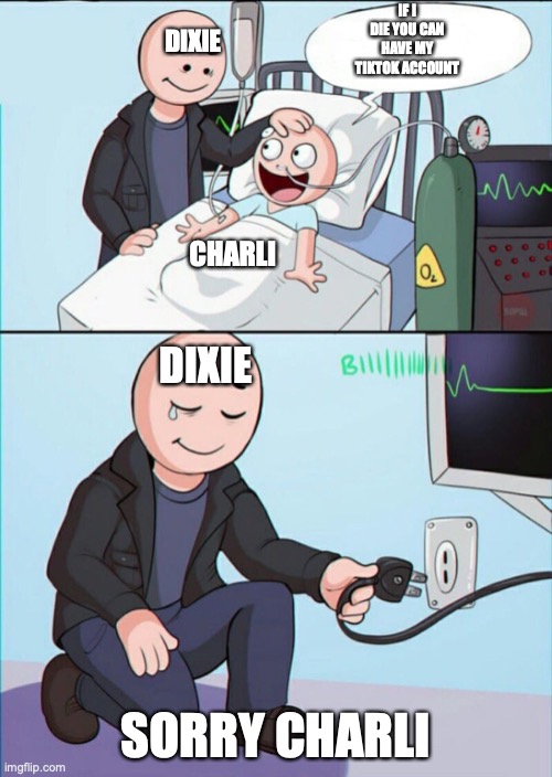 Pull the plug 1 | DIXIE; IF I DIE YOU CAN HAVE MY TIKTOK ACCOUNT; CHARLI; DIXIE; SORRY CHARLI | image tagged in pull the plug 1 | made w/ Imgflip meme maker