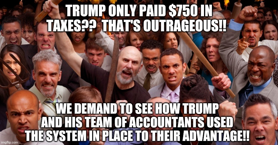 Trump's taxes | TRUMP ONLY PAID $750 IN TAXES??  THAT'S OUTRAGEOUS!! WE DEMAND TO SEE HOW TRUMP AND HIS TEAM OF ACCOUNTANTS USED THE SYSTEM IN PLACE TO THEIR ADVANTAGE!! | image tagged in maga,liberal logic,trump,libtard | made w/ Imgflip meme maker