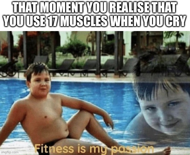 Daily workouts | THAT MOMENT YOU REALISE THAT YOU USE 17 MUSCLES WHEN YOU CRY | image tagged in fitness is my passion,muscles,crying | made w/ Imgflip meme maker