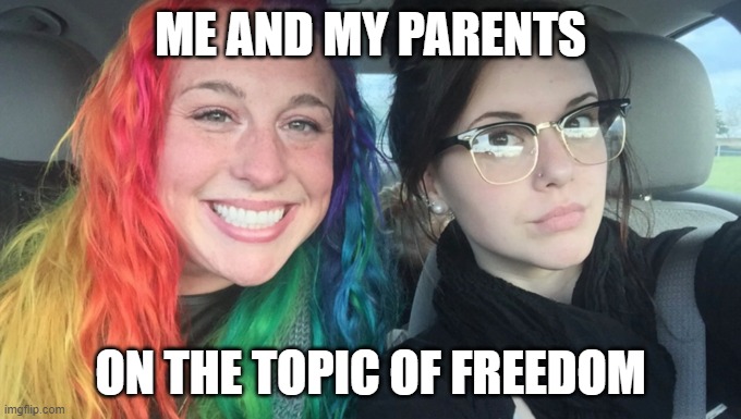 Libright vs authright! | ME AND MY PARENTS; ON THE TOPIC OF FREEDOM | image tagged in my sister and i are polar opposites,parents,freedom,right | made w/ Imgflip meme maker