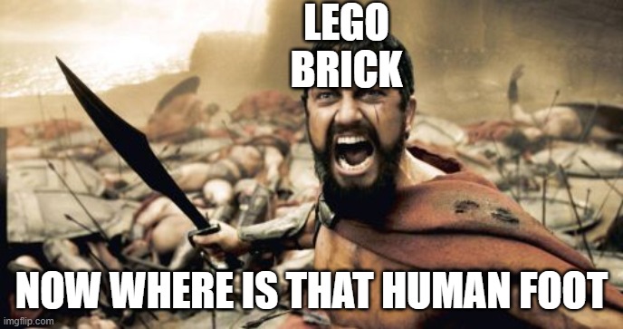 Hey, everyone has their fetish | LEGO BRICK; NOW WHERE IS THAT HUMAN FOOT | image tagged in memes,sparta leonidas | made w/ Imgflip meme maker