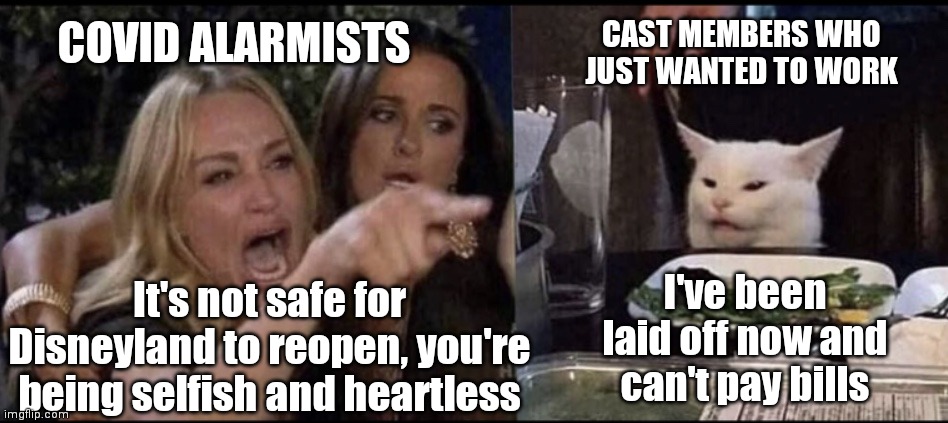Karen Carpenter and Smudge Cat | CAST MEMBERS WHO JUST WANTED TO WORK; COVID ALARMISTS; I've been laid off now and can't pay bills; It's not safe for Disneyland to reopen, you're being selfish and heartless | image tagged in karen carpenter and smudge cat | made w/ Imgflip meme maker