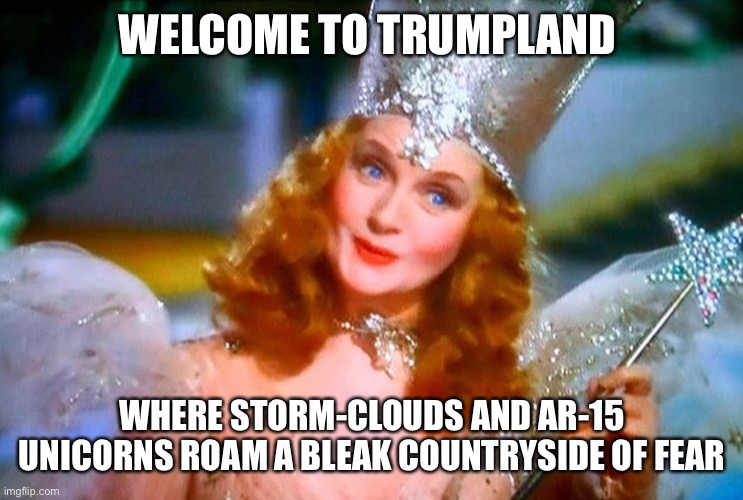 WELCOME TO TRUMPLAND WHERE STORM-CLOUDS AND AR-15 UNICORNS ROAM A BLEAK COUNTRYSIDE OF FEAR | made w/ Imgflip meme maker