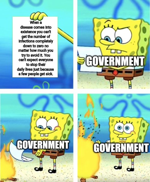 Government doesn't care about facts, they just want control | When a disease comes into existence you can't get the number of infections completely down to zero no matter how much you try to avoid it. You can't expect everyone to stop their daily lives just because 
a few people get sick. GOVERNMENT; GOVERNMENT; GOVERNMENT | image tagged in spongebob burning paper,covid-19,pandemic,lockdown,tyranny | made w/ Imgflip meme maker