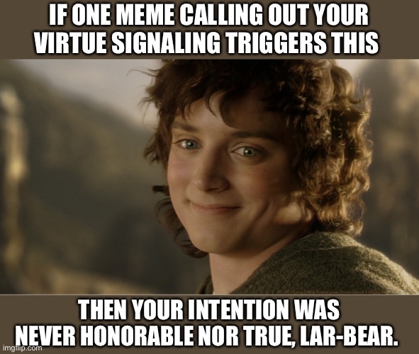 smug Frodo | IF ONE MEME CALLING OUT YOUR VIRTUE SIGNALING TRIGGERS THIS THEN YOUR INTENTION WAS NEVER HONORABLE NOR TRUE, LAR-BEAR. | image tagged in smug frodo | made w/ Imgflip meme maker